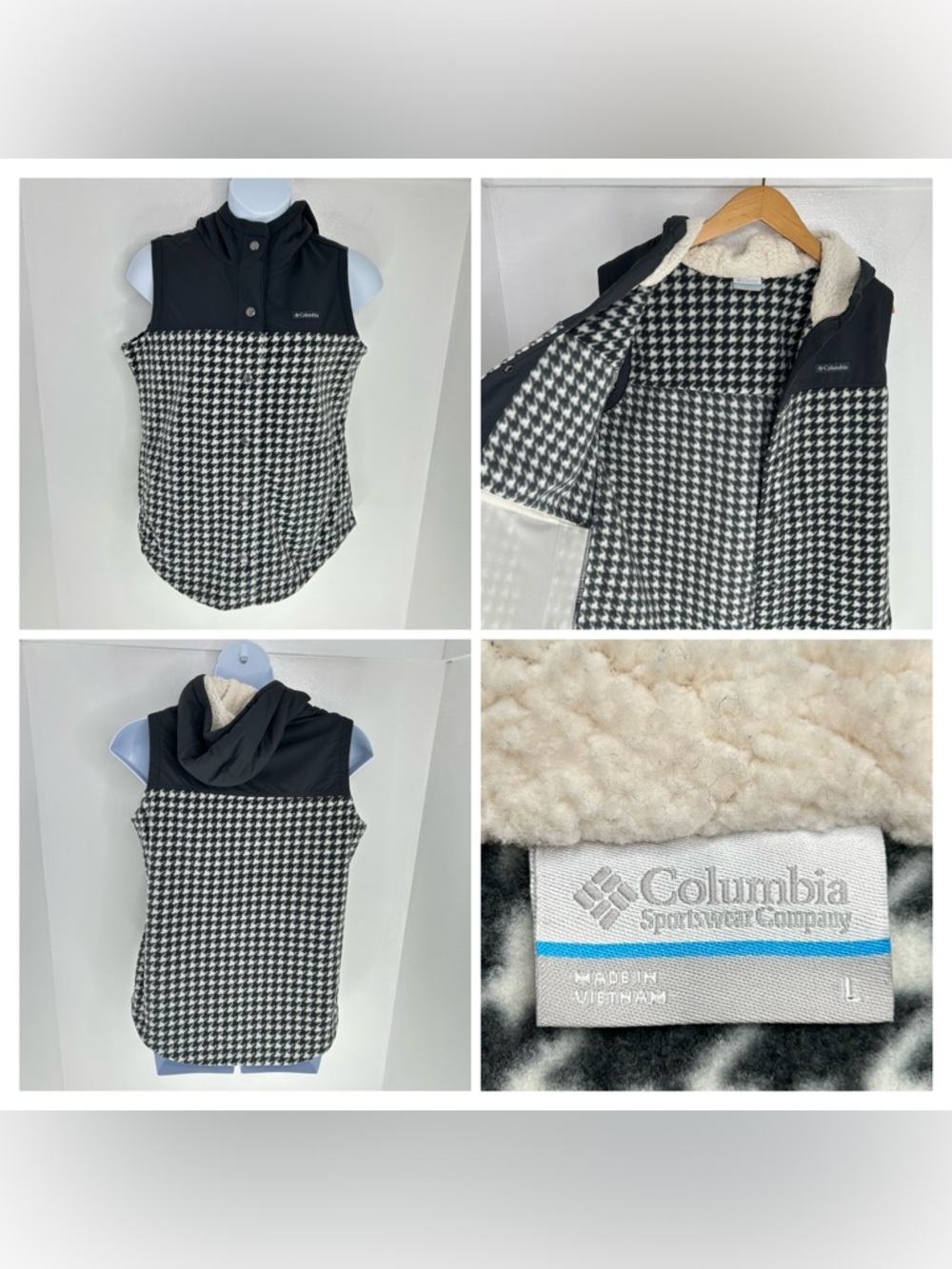 Columbia Benton Springs Houndstooth Hooded Vest Snap‎ Front Fleece Size Large